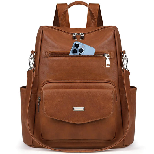 RAINSMORE Backpack Purse for Women PU Leather Backpack Purse Designer Convertible Backpack Purse Waterproof Backpack Purses 13.3 Inch Womens Fashion Backpack Handbags for Work Travel College Brown